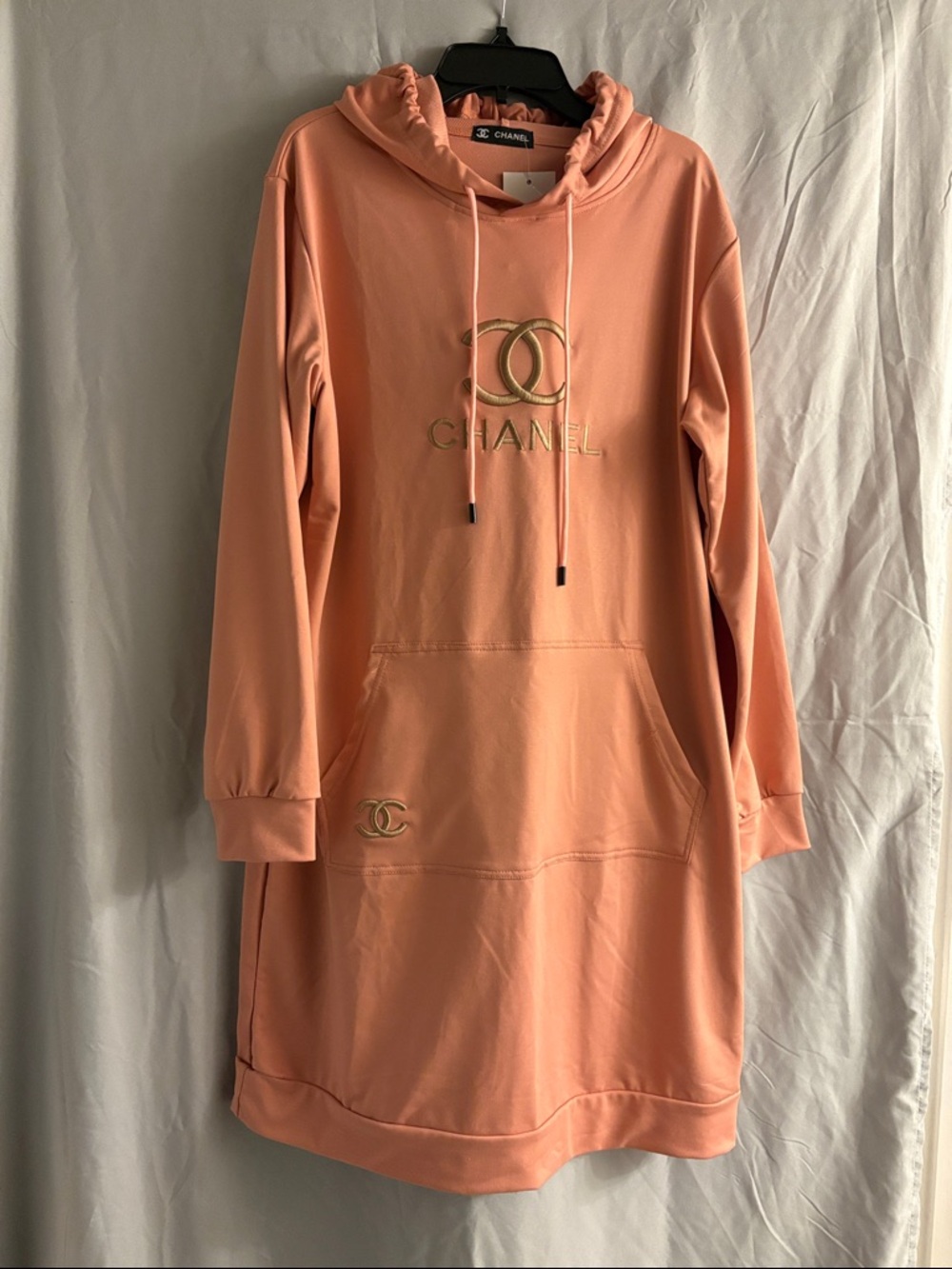 CHANEL Peach Logo Hoodie Dress with Gold Embroidery